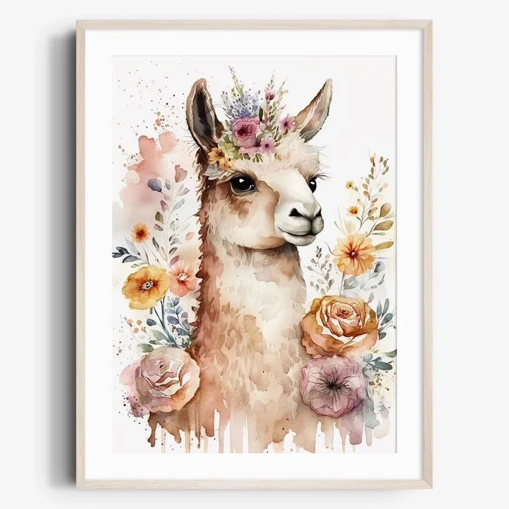 Watercolor Cute Floral Llama Wall Art Illustration Print Poster Card Unframed - Picture 1 of 6